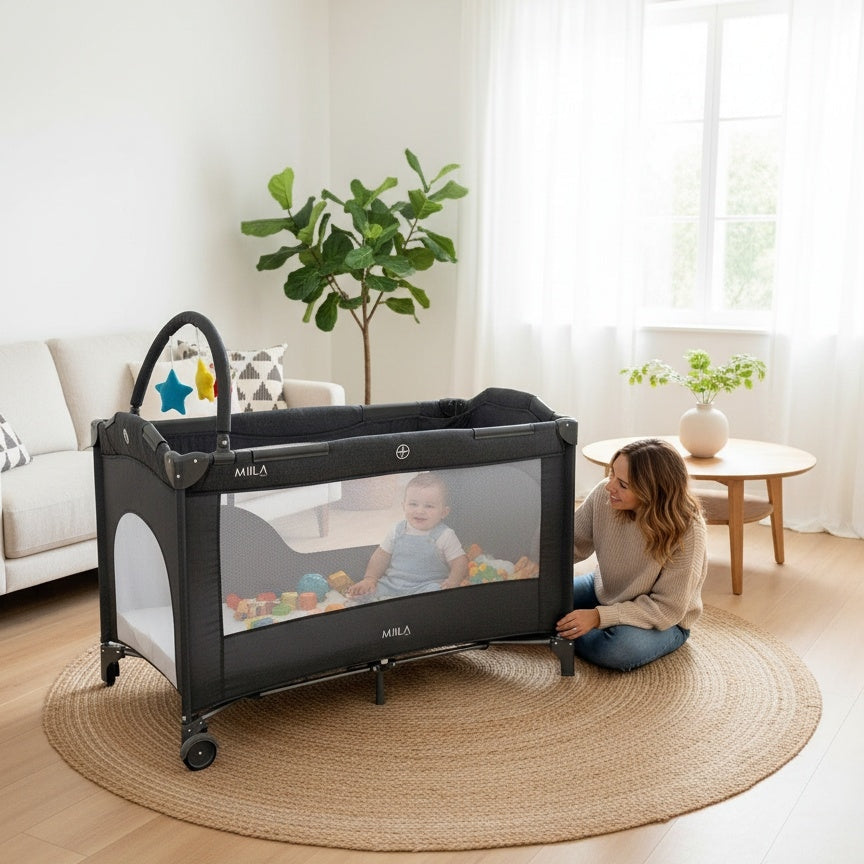 Miila - Simple Park Folding Playpen - Two Levels 120x60cm - Dark Grey