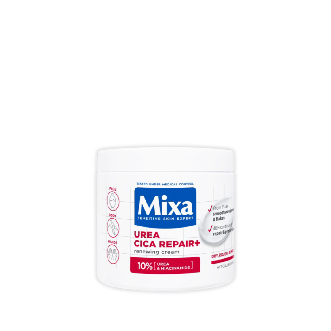 Mixa Urea Cica Repair Moisturizing Cream Jar - For Keratosis Pilaris, Dry, Flaky, Strawberry, Rough, & Fragile Skin & Tiny Reddish Bumps With 10% Urea and Niacinamide For Face, Hands & Body