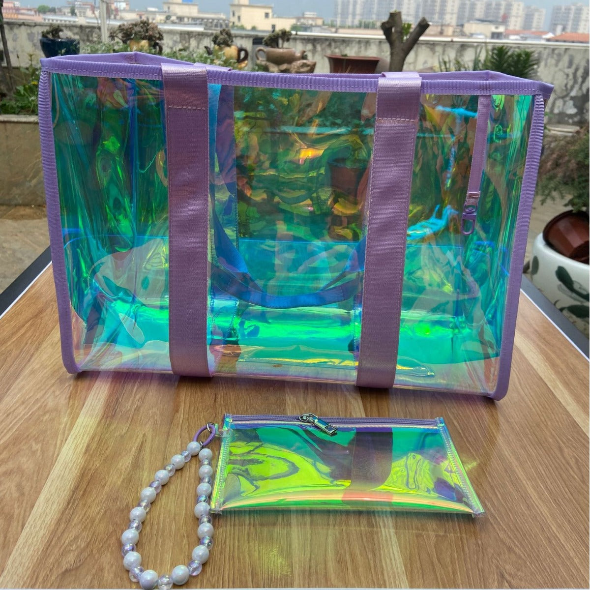 Iridescent Beach Bag Set – Large Tote bag with Matching Pouch