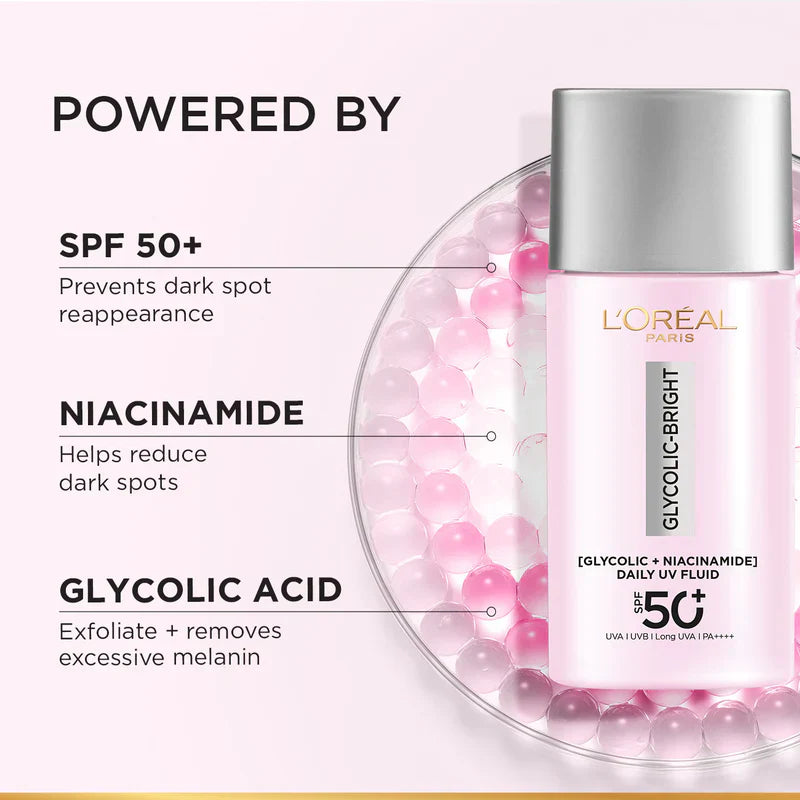 L’Oréal Paris Glycolic Bright Anti-Dark Spot Daily UV Fluid SPF 50+ with [Glycolic Acid + Niacinamide]