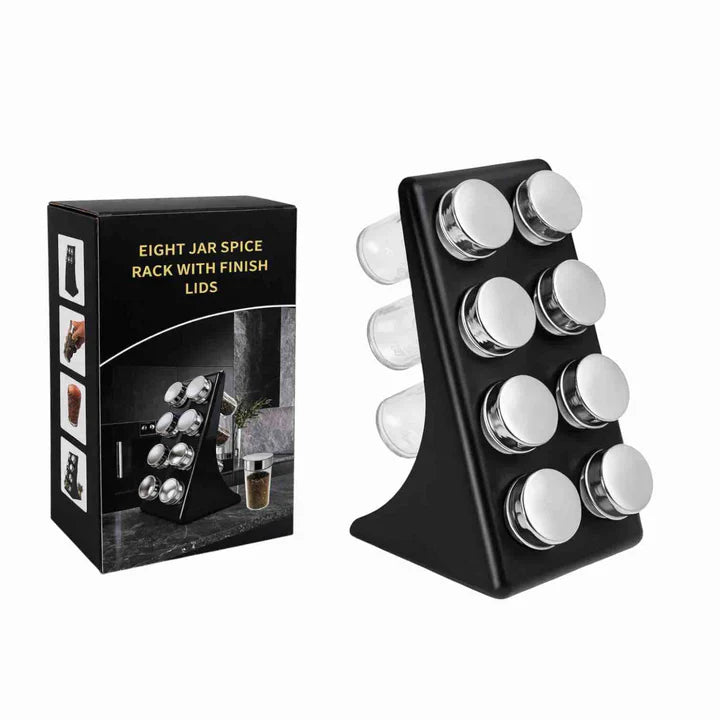 Spice Rack Set with 8 Brass Finish Lidded Jars