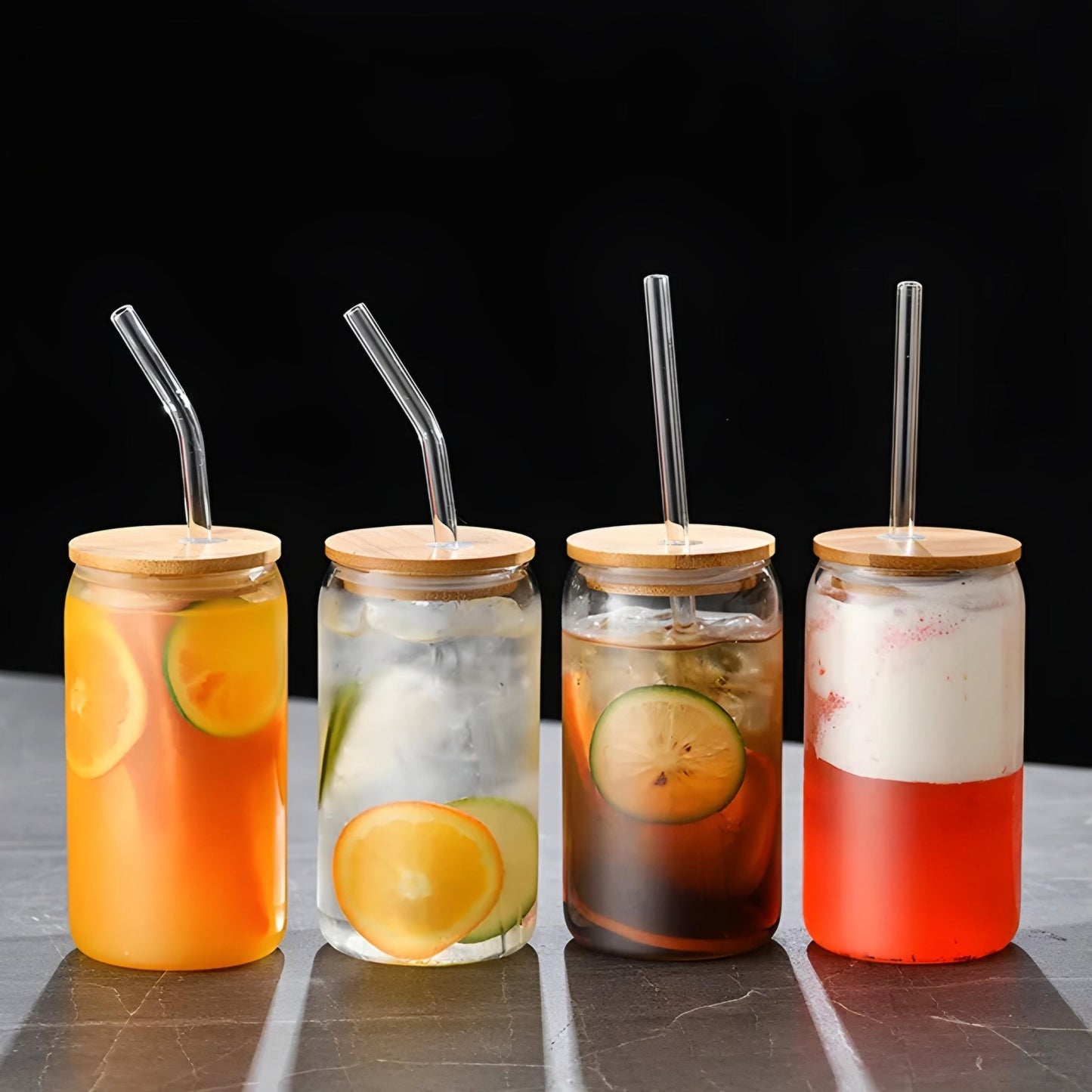 GLASS CAN WITH BAMBOO LID , STRAW, AND BRUSH