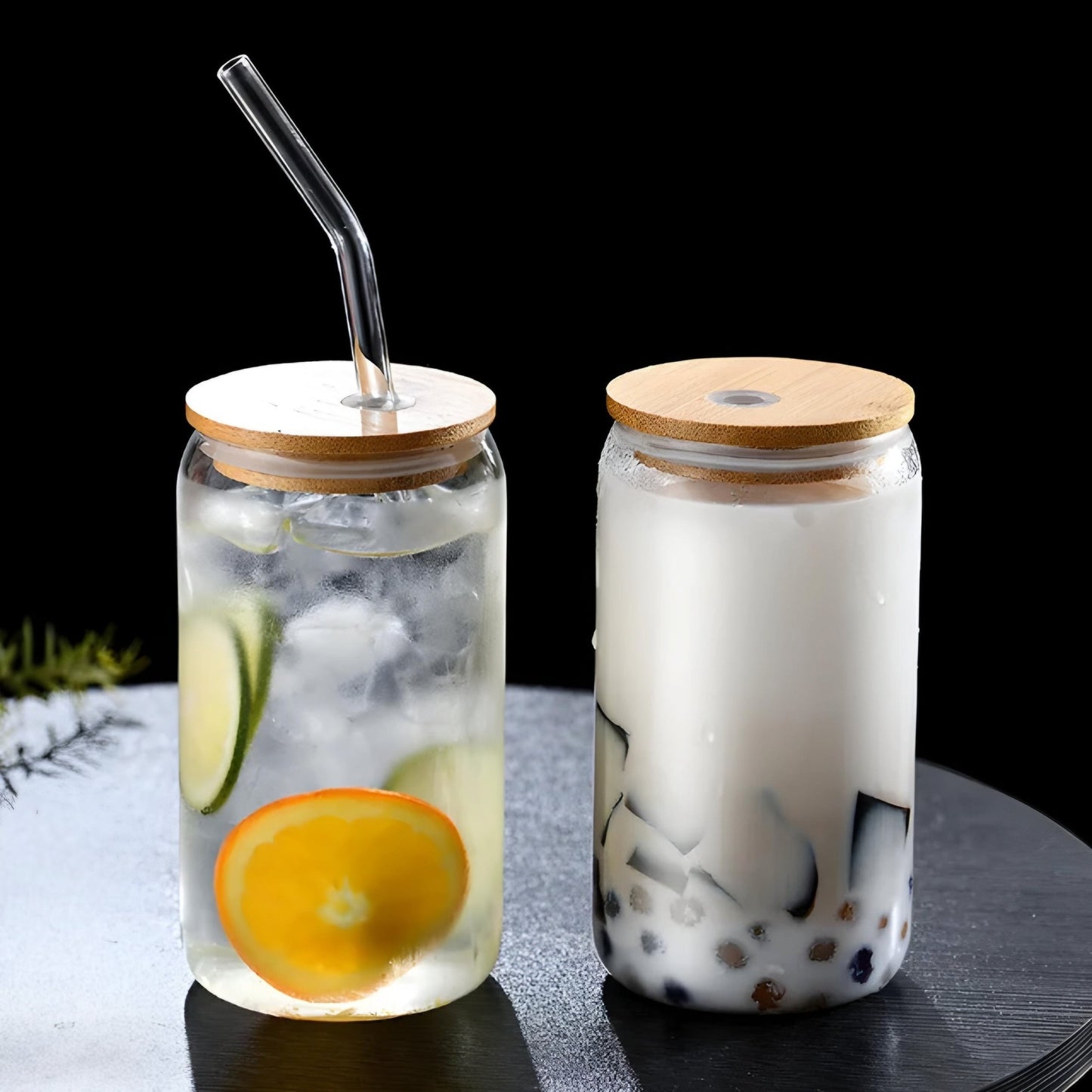 GLASS CAN WITH BAMBOO LID , STRAW, AND BRUSH