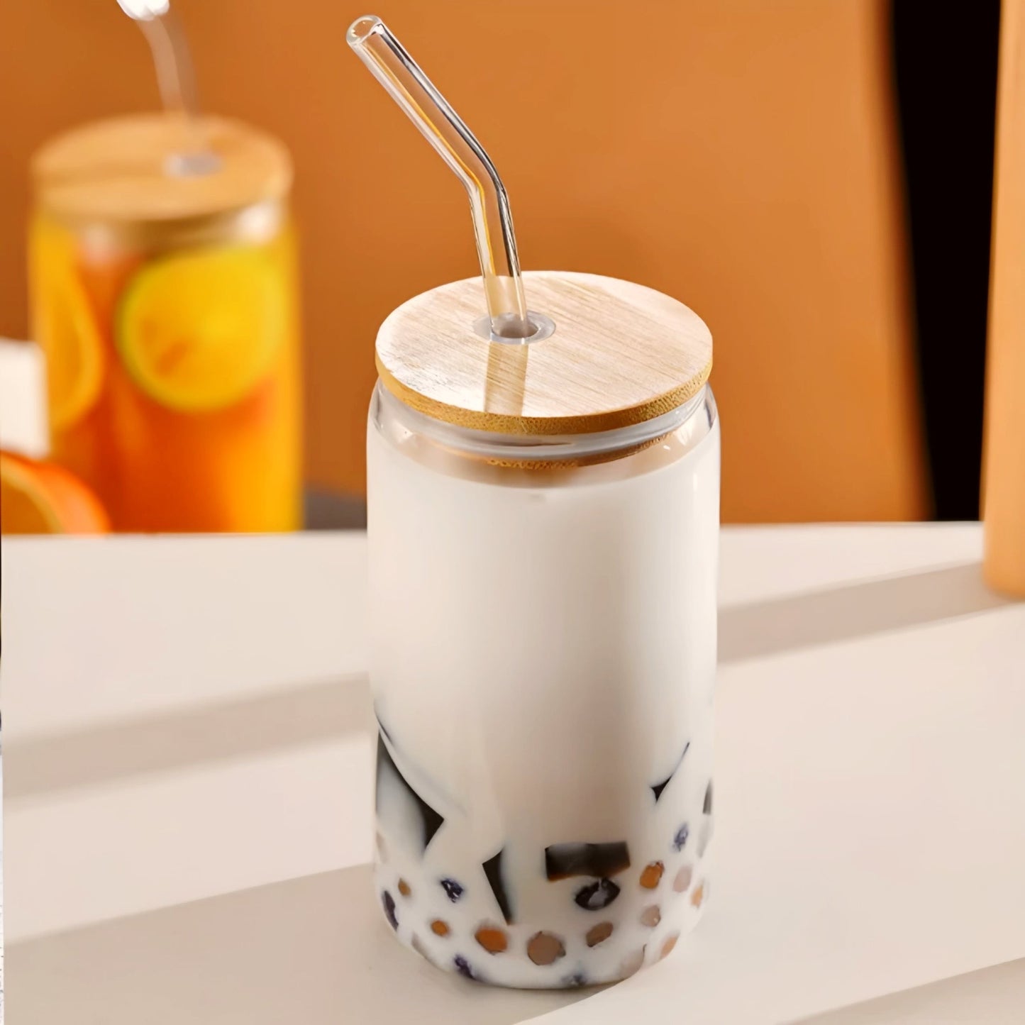 GLASS CAN WITH BAMBOO LID , STRAW, AND BRUSH