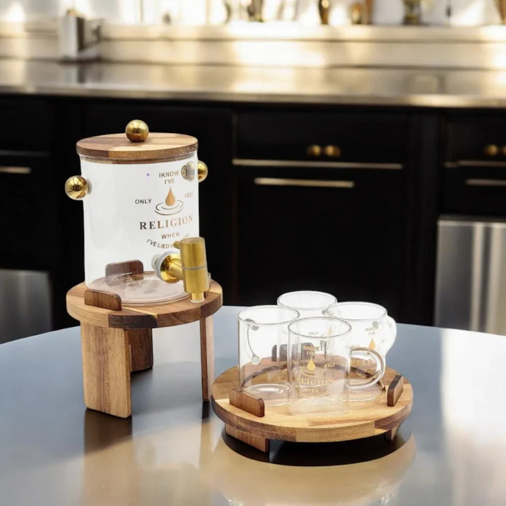 Dispenser Set with Bamboo Stand & Glass Mugs