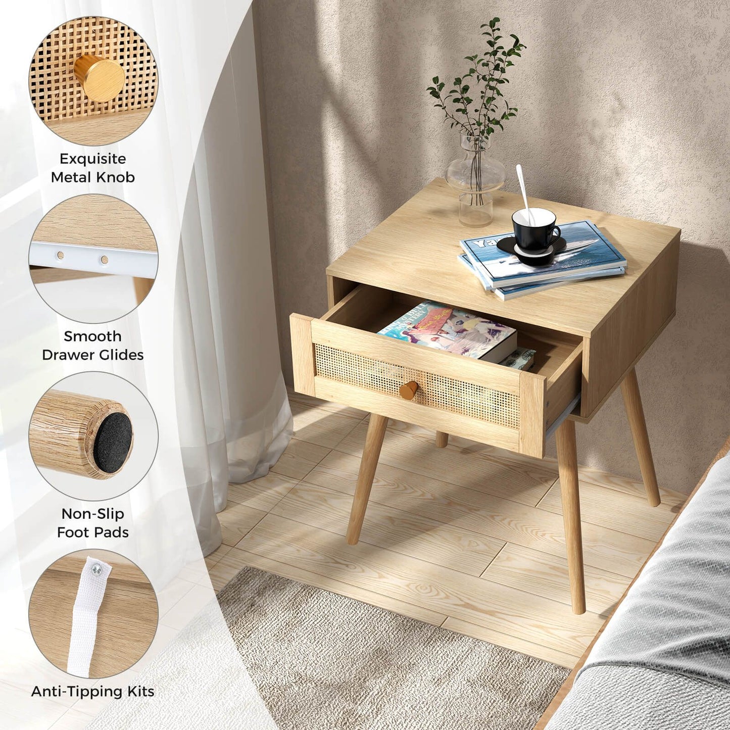 Costway Set of 2 Rattan Nightstand Bedside Table