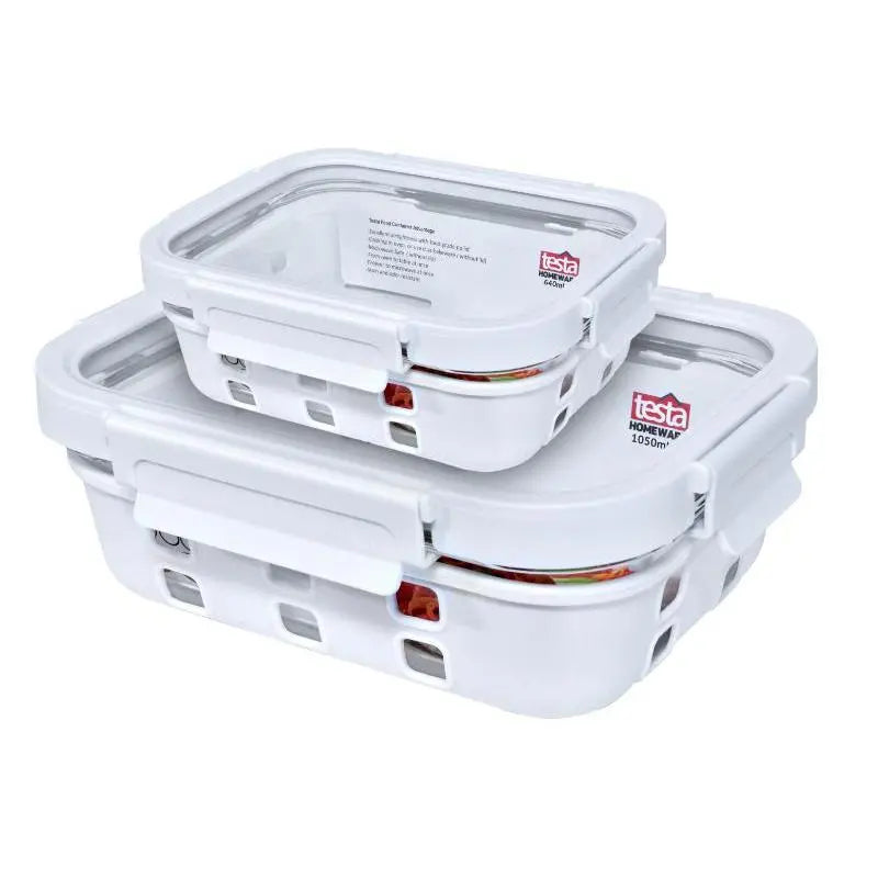 Testa Set of 2 Glass Leak Proof, Rectangular Food Containers, 640 & 1050ml with silicone protection
