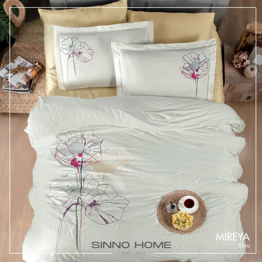 MIREYA EKRU - Cotton Satin Embroidered Duvet Cover Set Double