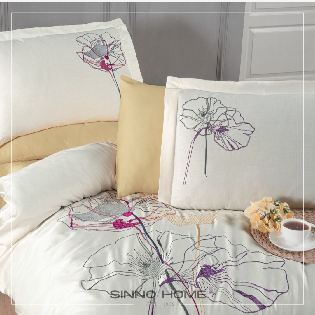 MIREYA EKRU - Cotton Satin Embroidered Duvet Cover Set Double