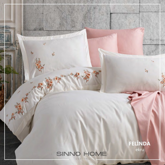 FELINDA ecru - Cotton Satin Embroidered Duvet Cover Set Double