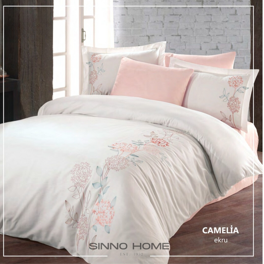 CAMELIA ekru - Cotton Satin Embroidered Duvet Cover Set Double