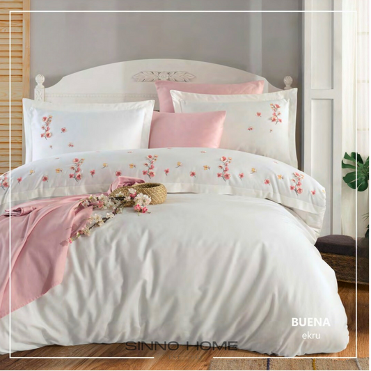 BUENA ekru - Cotton Satin Embroidered Duvet Cover Set Double
