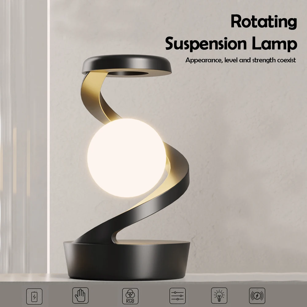 360 Floating RGB Light ‚Äì Rotating Magnetic Table Lamp with Wireless Charger - Black color - Medaid International