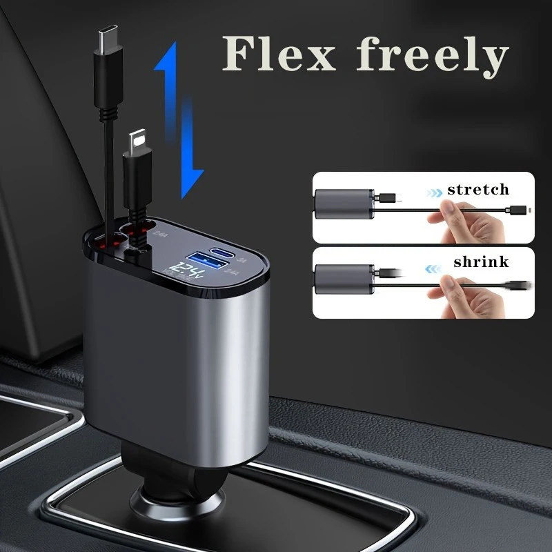 4 in 1 Car Charger 120W Turbo Charge, 4 Ports Fast Charging with Retractable Cables - Medaid International