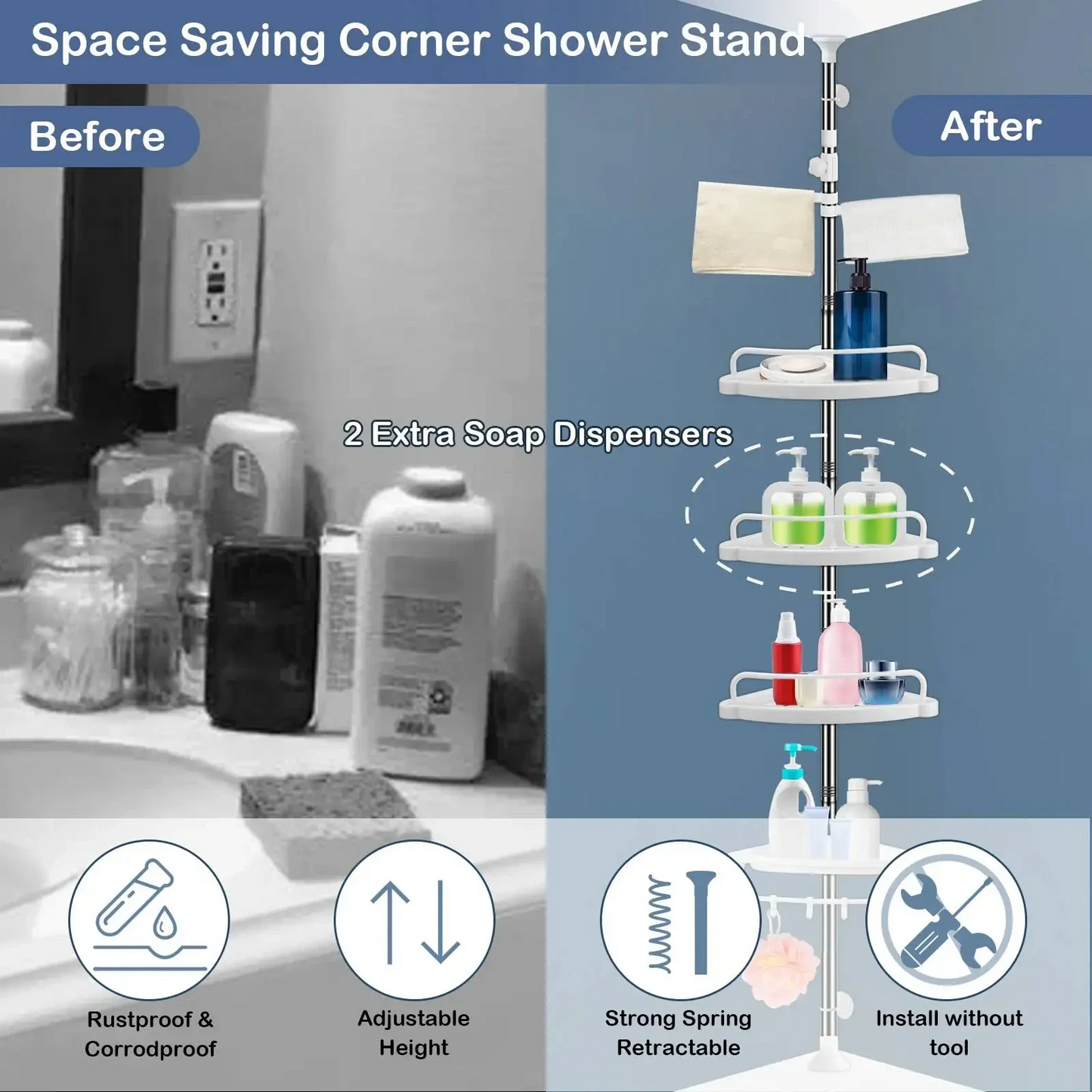 4 Tier Bathroom Corner Shelf with Towel Holder – Wall Mounted Storage Rack for Toiletries & Towels - Medaid International