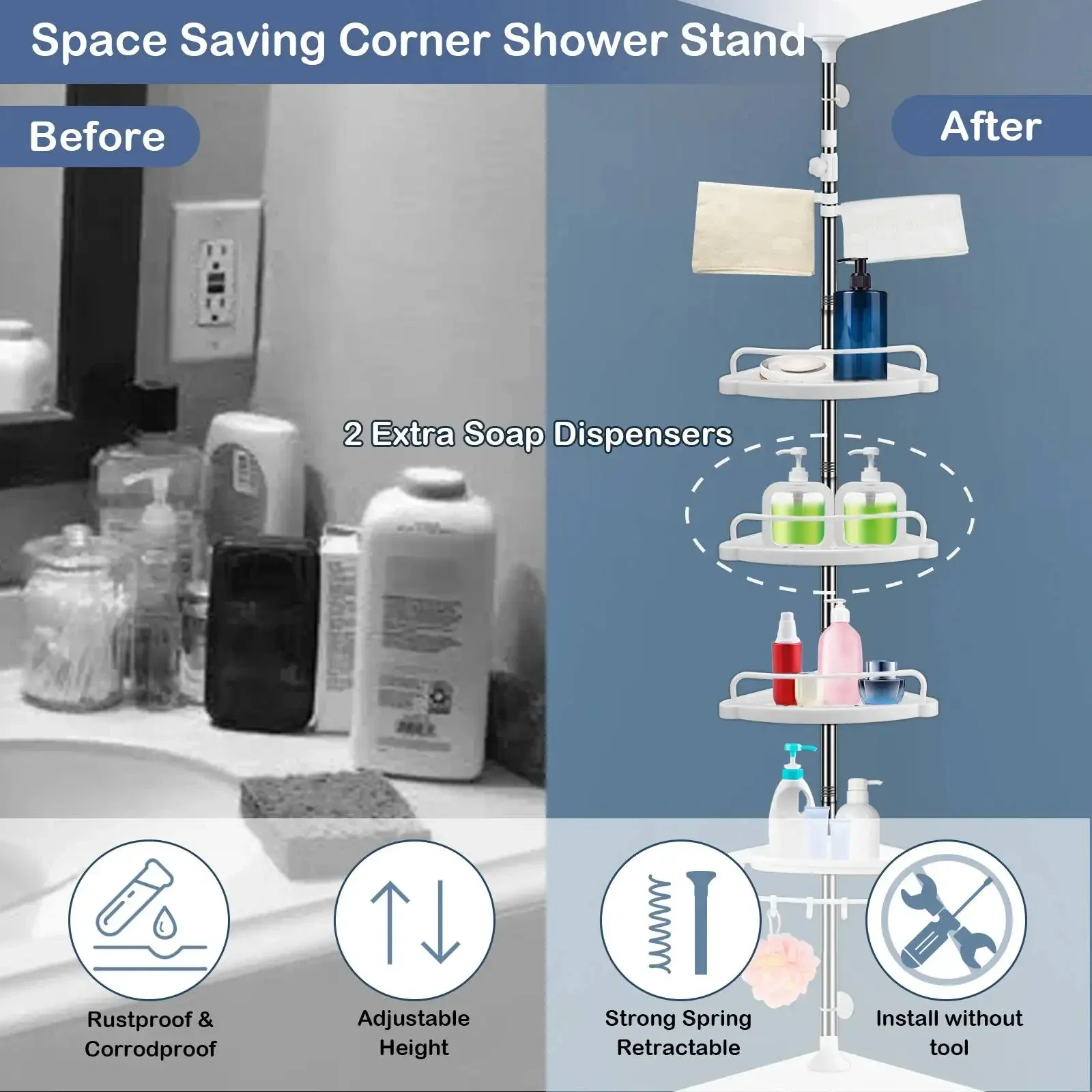 4 Tier Bathroom Corner Shelf with Towel Holder – Wall Mounted Storage Rack for Toiletries & Towels - Medaid International