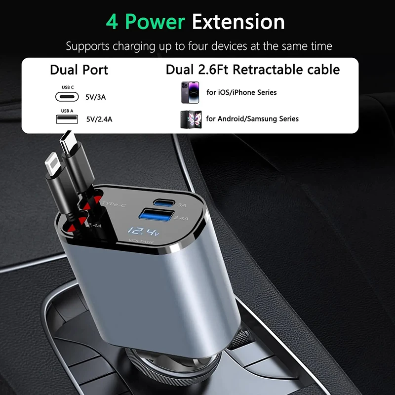 4 in 1 Car Charger 120W Turbo Charge, 4 Ports Fast Charging with Retractable Cables - Medaid International