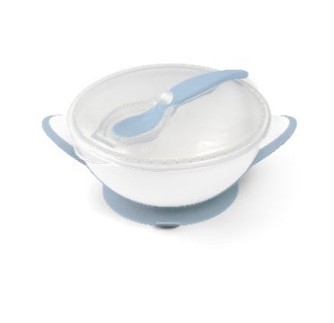 BabyOno - Suction Bowl With Spoon - Light Blue & White