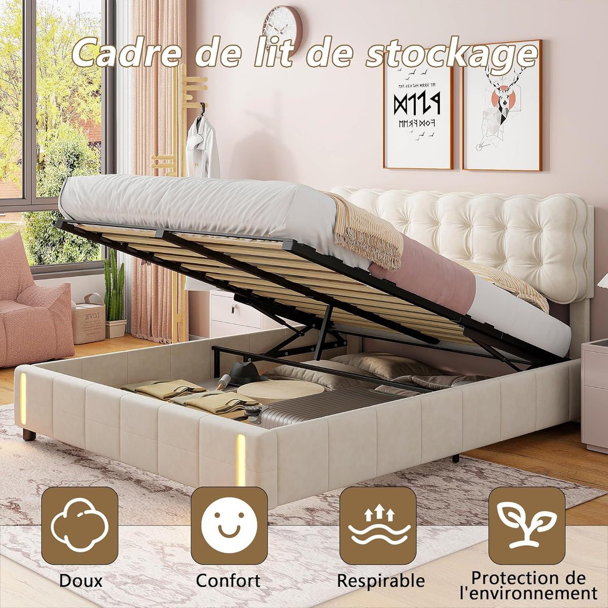 Bed with  Storage and LED Light with Automatic Sensor
