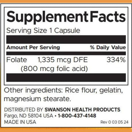 Swanson, Folic Acid, 800 mcg, 250 Capsules