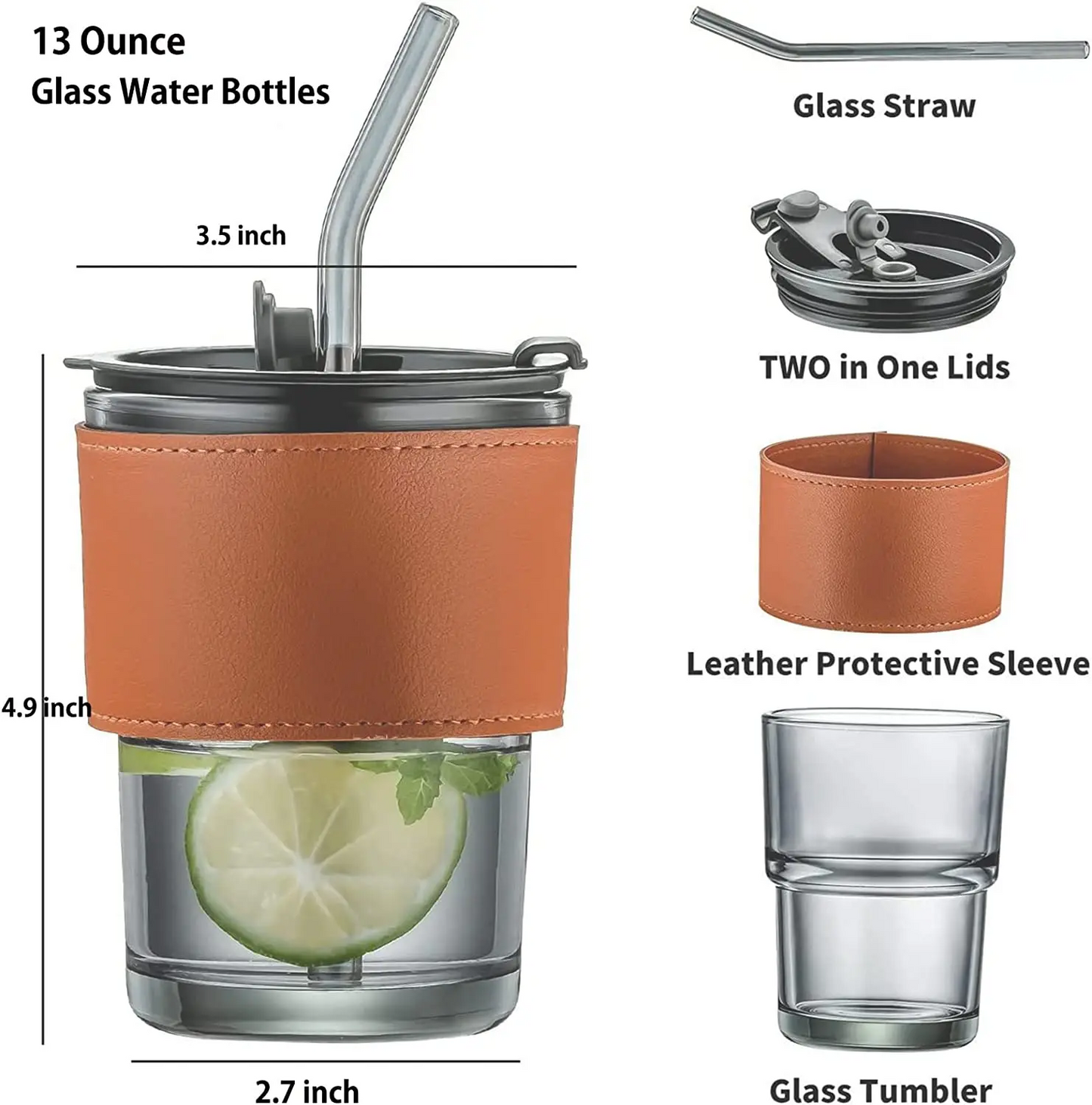 Coffee Mug Glass Tumbler With Silicone Straw and Lid 360 ml, Cup With Leather Sleeve - Medaid International