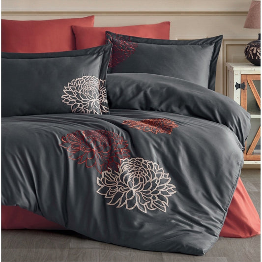 SIENNA gray - Cotton Satin Embroidered Duvet Cover Set Double