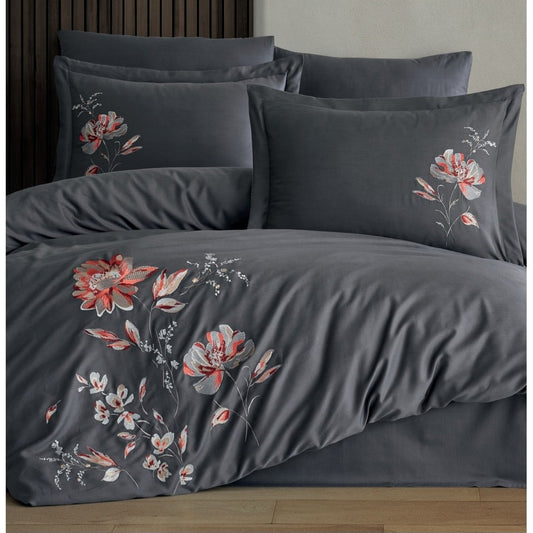 IMPERO grey - Cotton Satin Embroidered Duvet Cover Set Double