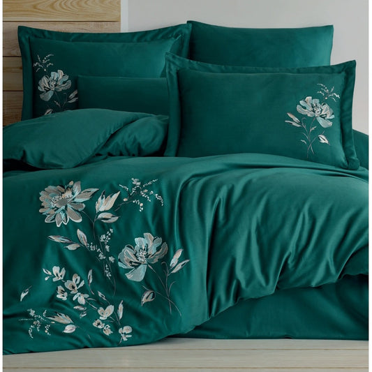 IMPERO green - Cotton Satin Embroidered Duvet Cover Set Double