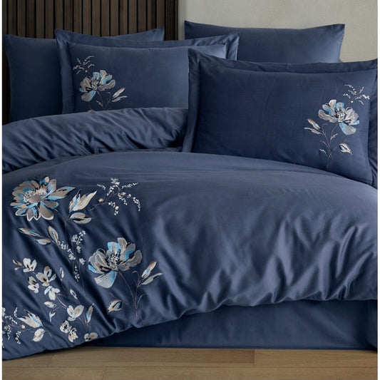 IMPERO navy - Cotton Satin Embroidered Duvet Cover Set Double