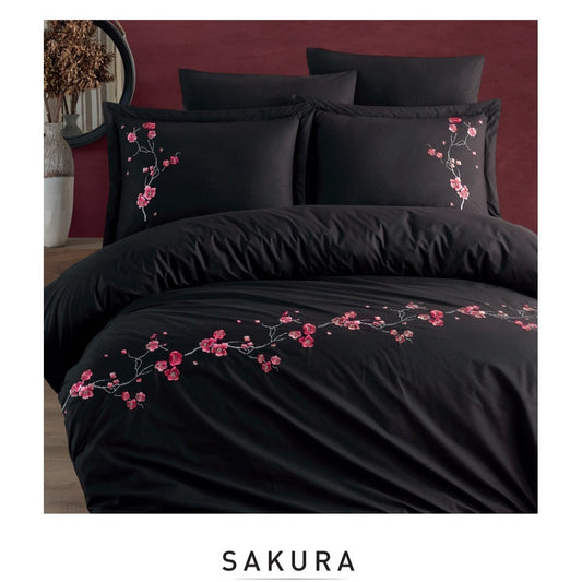 Poplin Double size 3d Embroidered Duvet Cover Set SAKURA Black