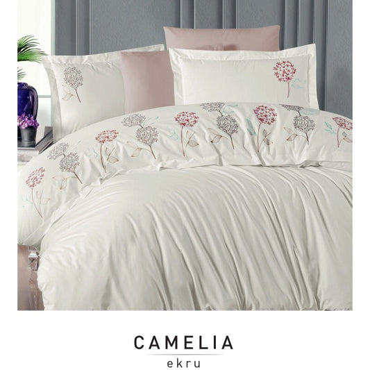 Poplin Double size 3d Embroidered Duvet Cover Set CAMELIA Ecru
