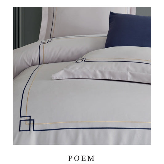 Poem Navy- Cotton Satin Embroidered Duvet Cover Set Double