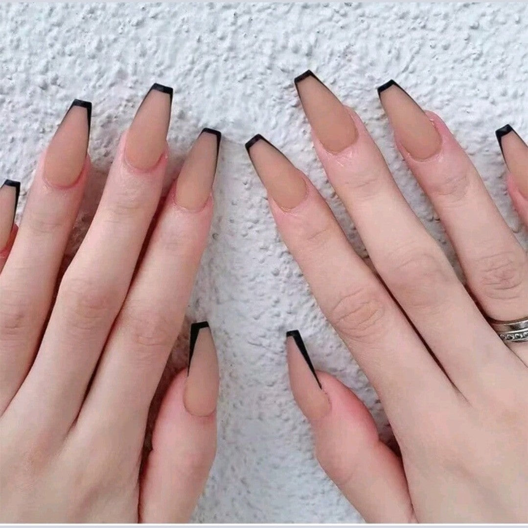 Fake nails 24pcs Press On Nails Long Coffin Black French Matte Design