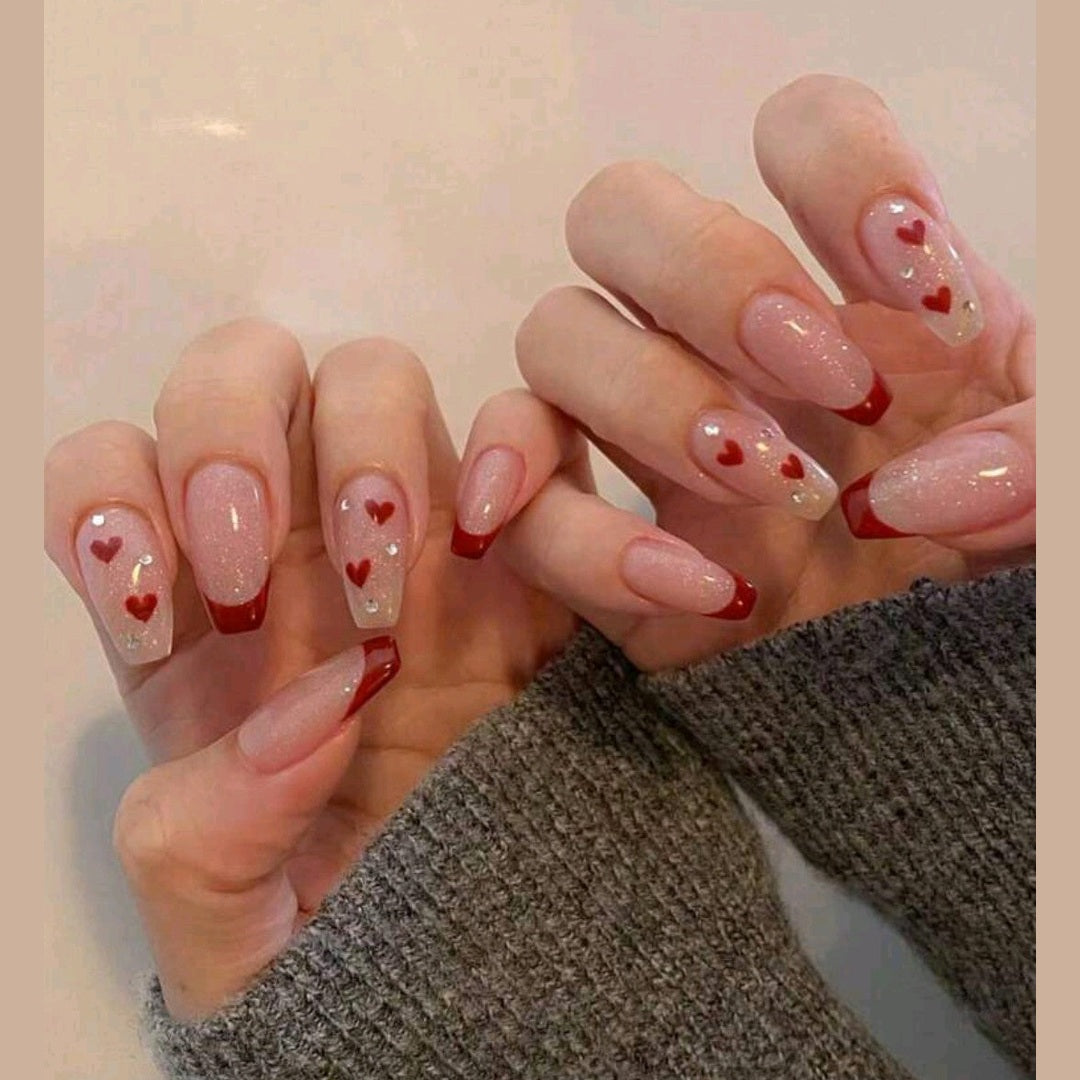 Fake Nails 24pcs Long Coffin French & Red Heart Pattern With With Rhinestones