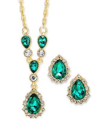 Holiday Lane Women's Green Gold-Tone Crystal Imitation Pearl Lariat Necklace & Earrings Set | Holiday Lane In Lebanon