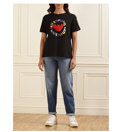 Emporio Armani Women's Black With Colorful Prints Round T-Shirts  | Emporio Armani In Lebanon