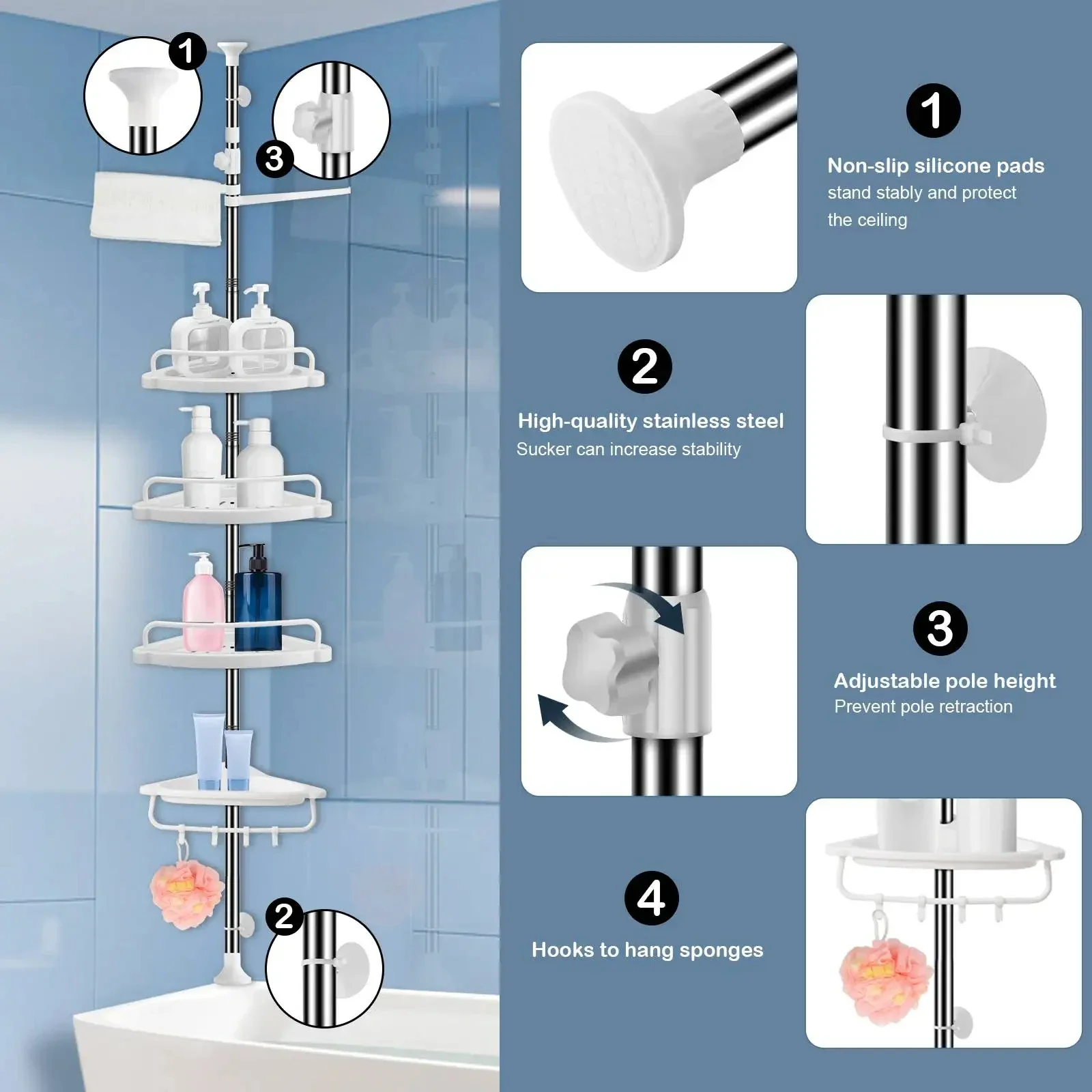 4 Tier Bathroom Corner Shelf with Towel Holder – Wall Mounted Storage Rack for Toiletries & Towels - Medaid International