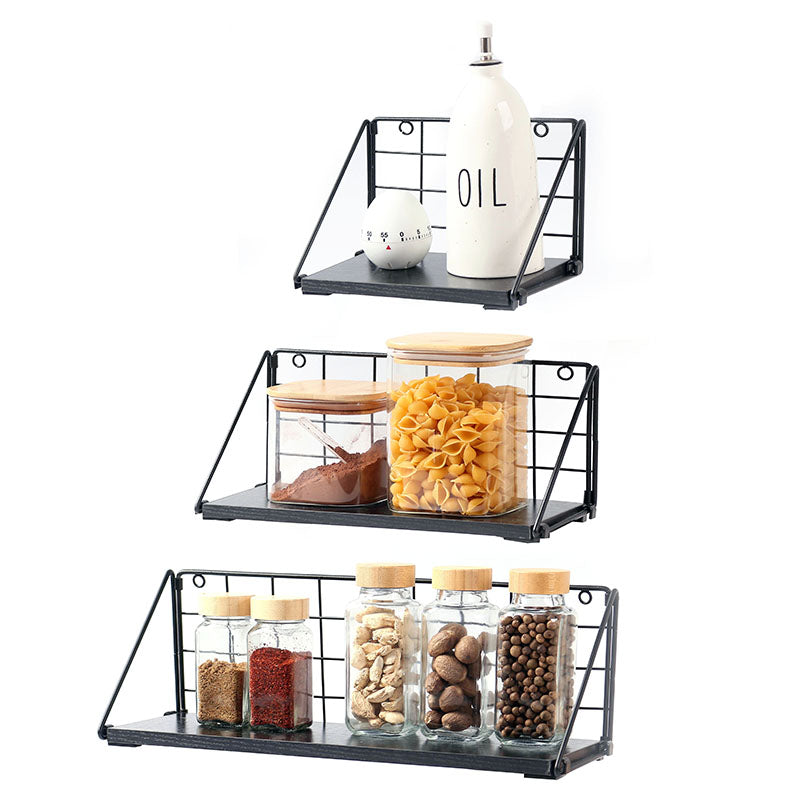 Set of 3 Adhesive Wooden Iron Storage and Organizer Rack Wall Mounted Hanging Display Shelves for Living Room Bedroom Office Black - Medaid International