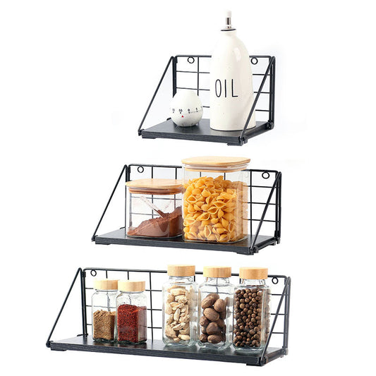 Set of 3 Adhesive Wooden Iron Storage and Organizer Rack Wall Mounted Hanging Display Shelves for Living Room Bedroom Office Black - Medaid International