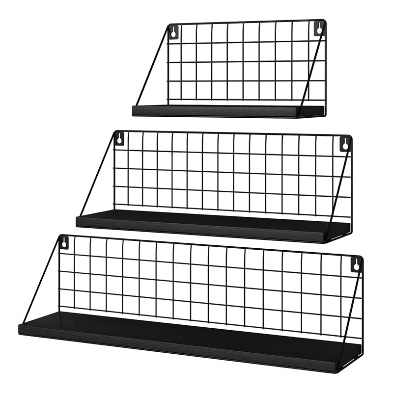 Set of 3 Adhesive Wooden Iron Storage and Organizer Rack Wall Mounted Hanging Display Shelves for Living Room Bedroom Office Black - Medaid International