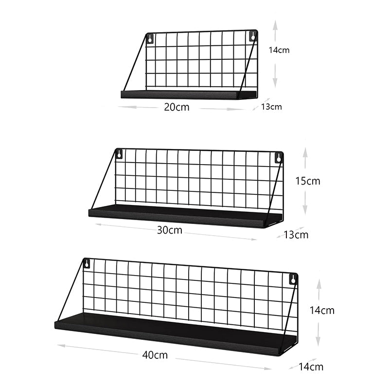 Set of 3 Adhesive Wooden Iron Storage and Organizer Rack Wall Mounted Hanging Display Shelves for Living Room Bedroom Office Black - Medaid International