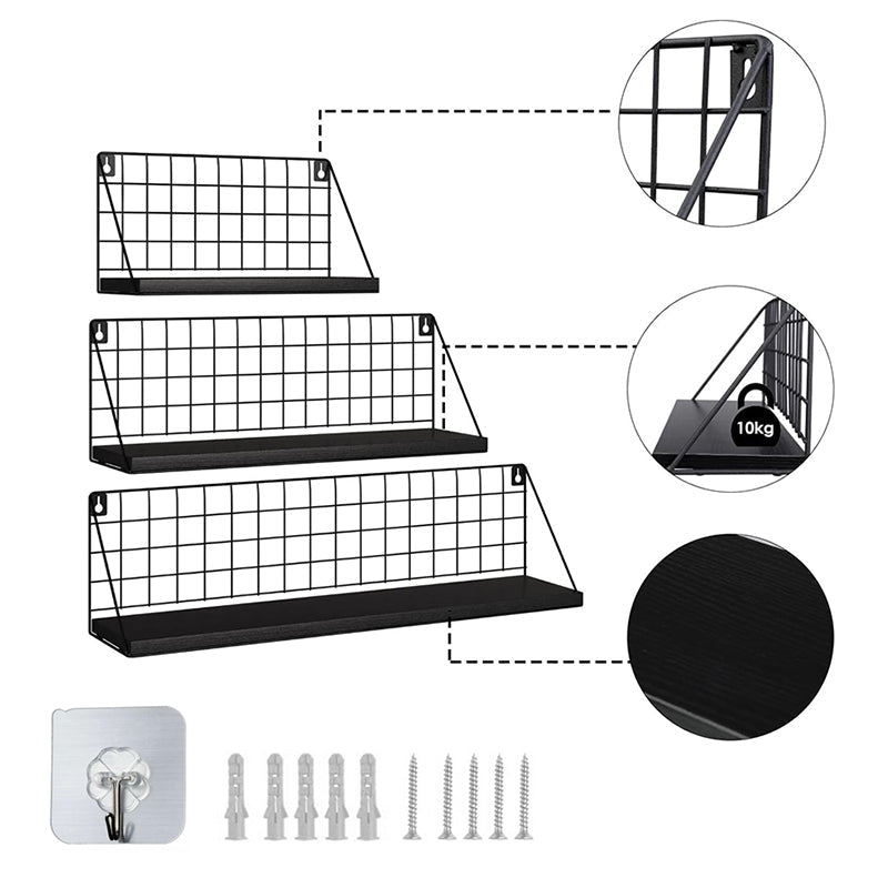 Set of 3 Adhesive Wooden Iron Storage and Organizer Rack Wall Mounted Hanging Display Shelves for Living Room Bedroom Office Black - Medaid International