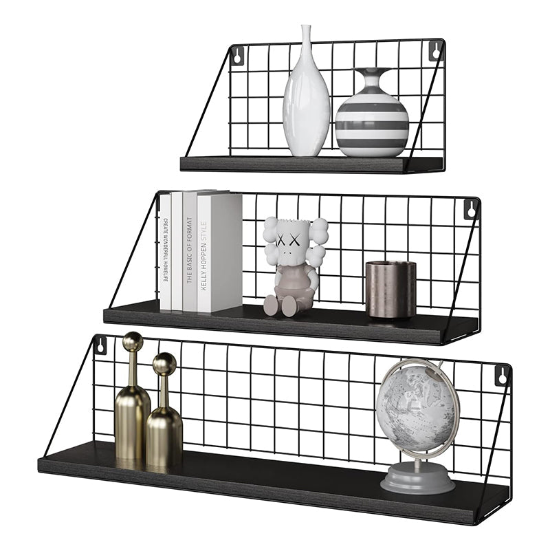 Set of 3 Adhesive Wooden Iron Storage and Organizer Rack Wall Mounted Hanging Display Shelves for Living Room Bedroom Office Black - Medaid International