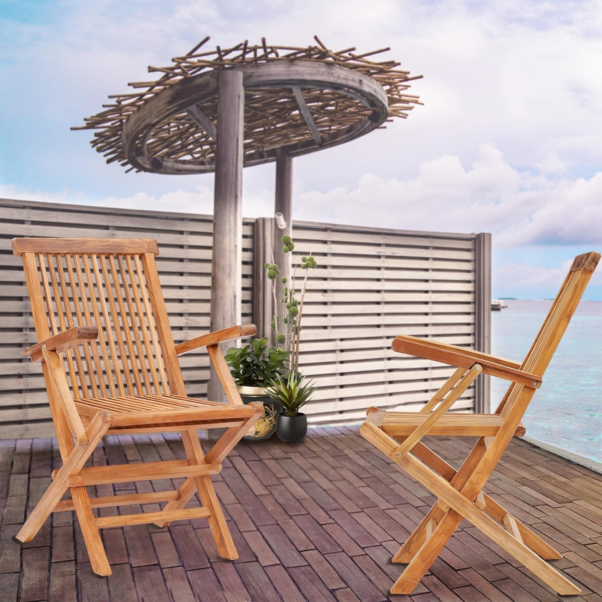 Set of 2 Solid Teak Wood Folding Chair