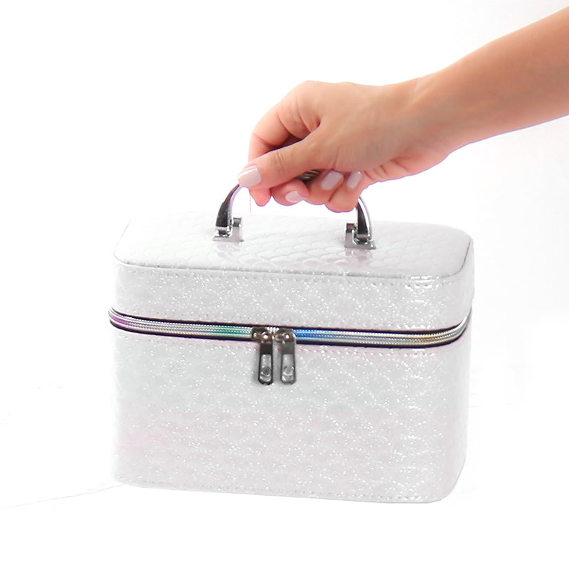 21 CM Waterproof Leather Makeup Storage Box with Double Zipper and Handle Portable Travel Case Organizer with Mirror for Makeup Cosmetics Vanity White - Medaid International