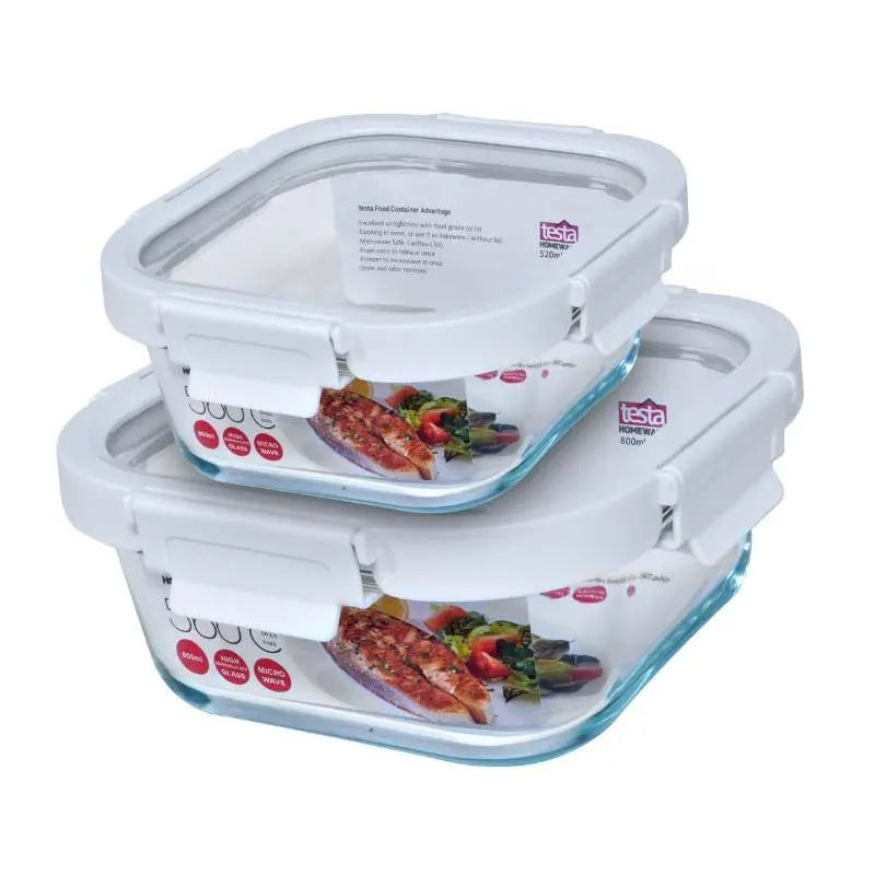 Testa Set of 2 Glass Leak Proof Square Food Containers 520 & 800ml