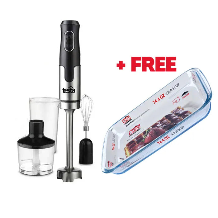 TESTA – Hand Blender 800W with Turbo 4 in 1 + Free Glass Bakeware 2.2L Rectangle 34cm