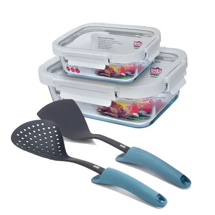 Testa Set of 2 Glass Leak Proof Rectangular Food Containers 640 & 1050ml + Skimmer + Spatula