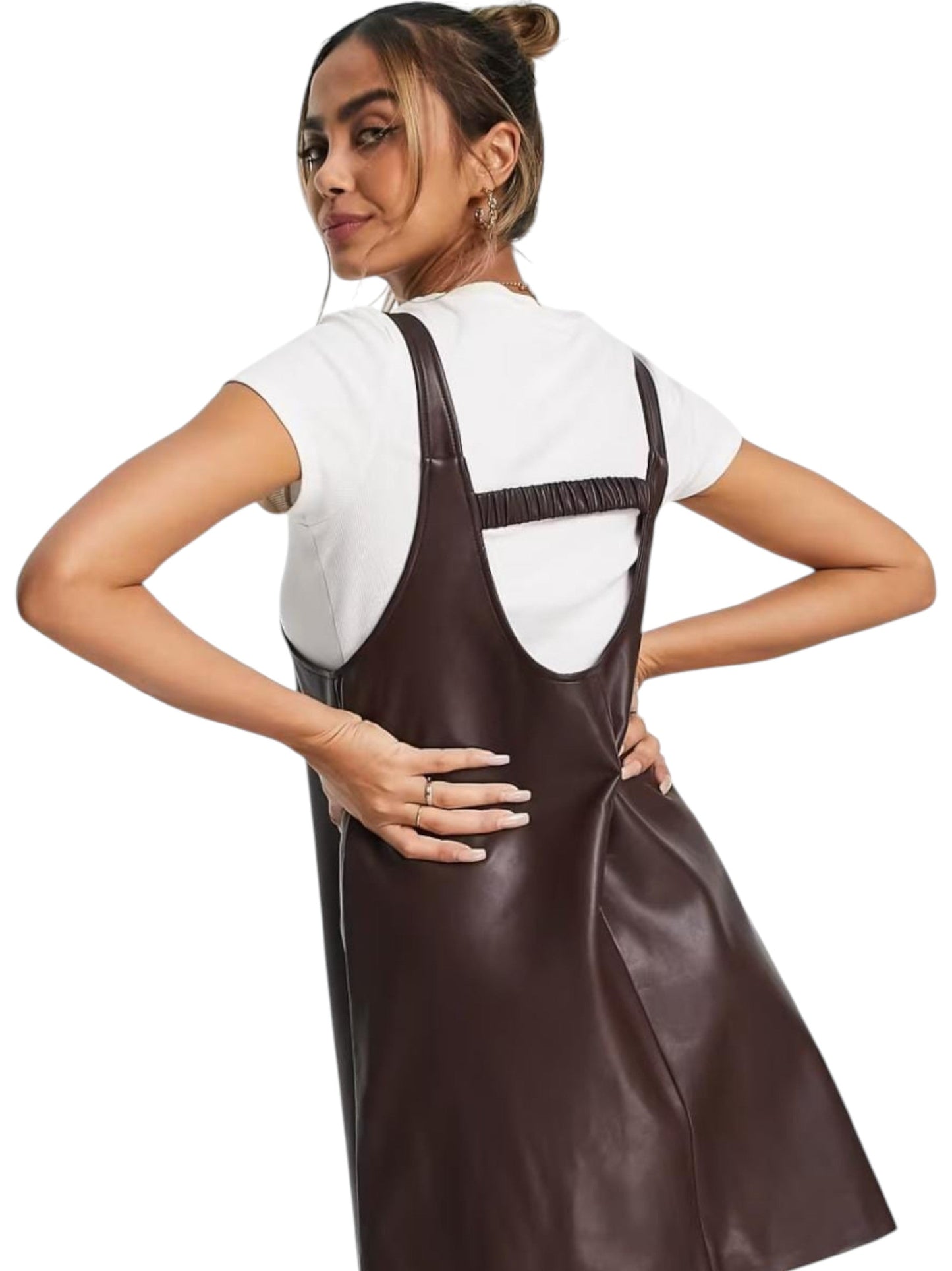 Women's Plain Solid Leather Open Back Dress,Brown