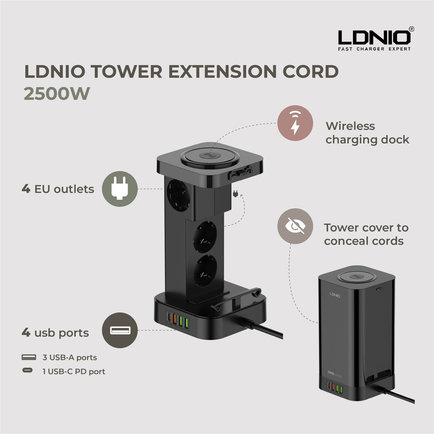 Tower Extension Cord (4 Outlets, 4 USB Ports, & Wireless Charger)